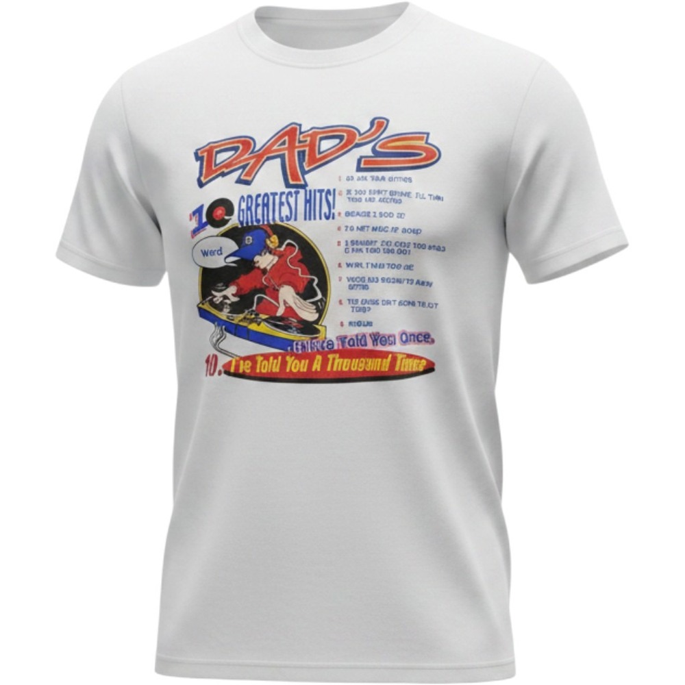 Vintage Dad’s 10 Greatest Hits T-Shirt Mens L White Turntables Disc Jockey NWT